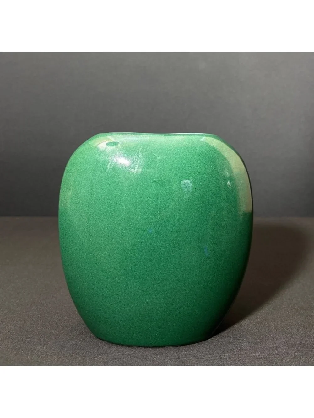 Vintage Green Vase Ceramic Glossy Finish Asymmetrical Oval Shape Modern Design